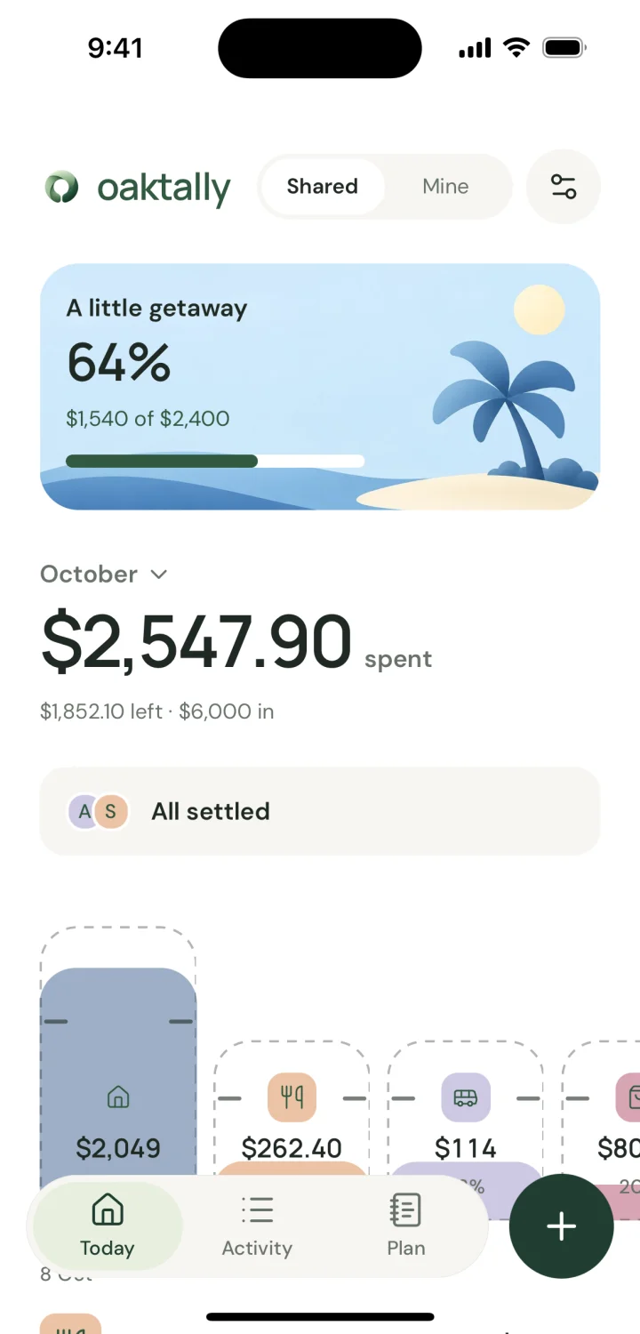 Oaktally's actual Today screen, showing a shared savings goal and spending categories