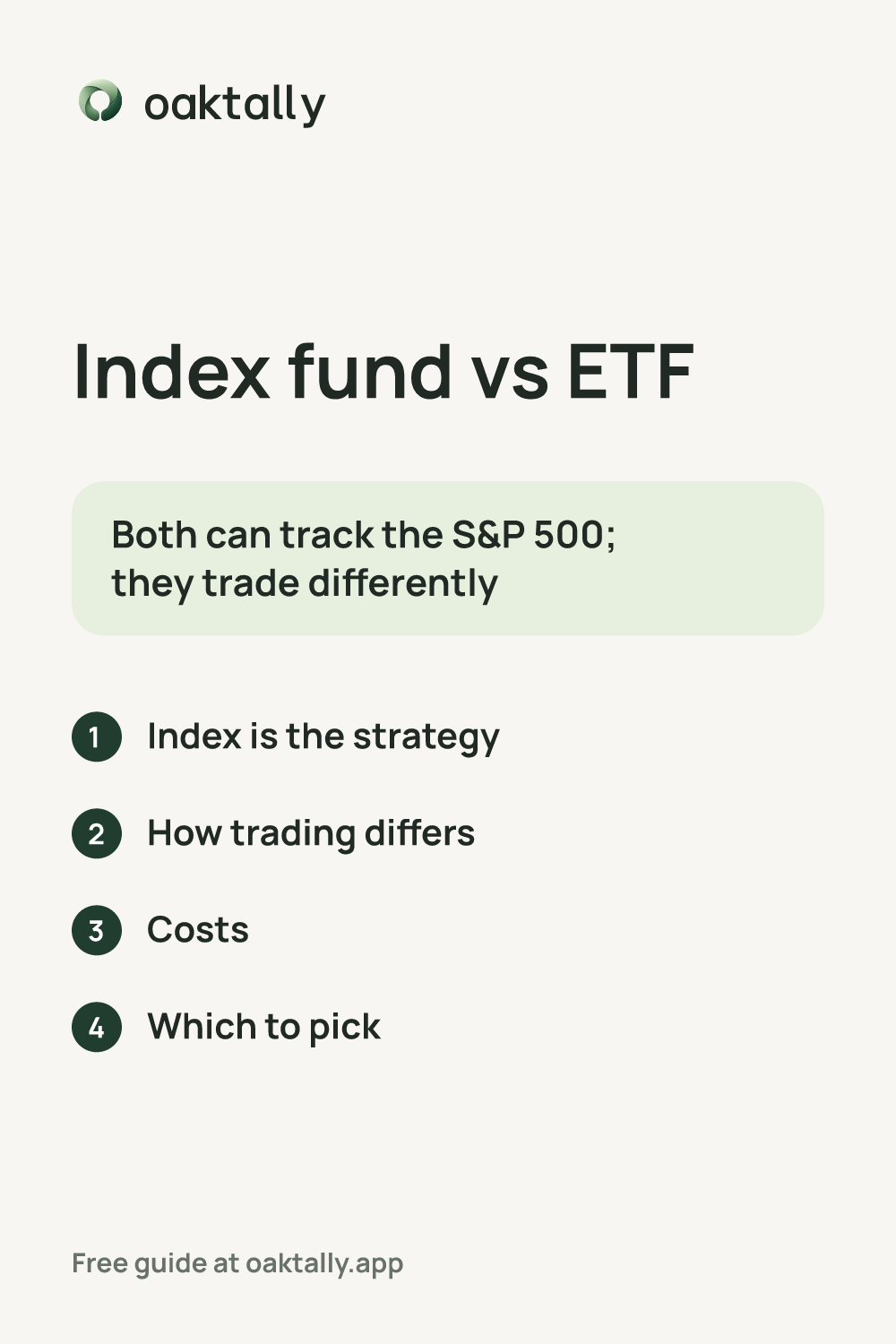 Index fund vs ETF: the steps from this guide on one card.